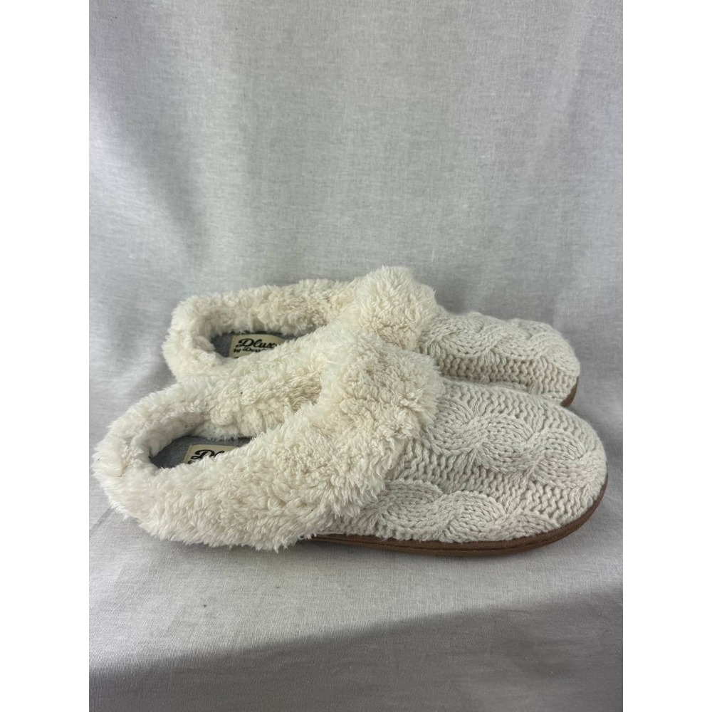 DLuxe by Dearfoams Womens‎ Cable Knit Faux Lined Slippers Cream White Large 9-10